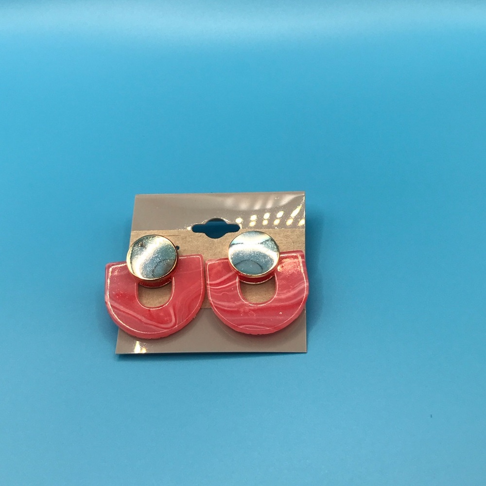 Contemporary Pink Resin Drop Earrings with Silver Discs